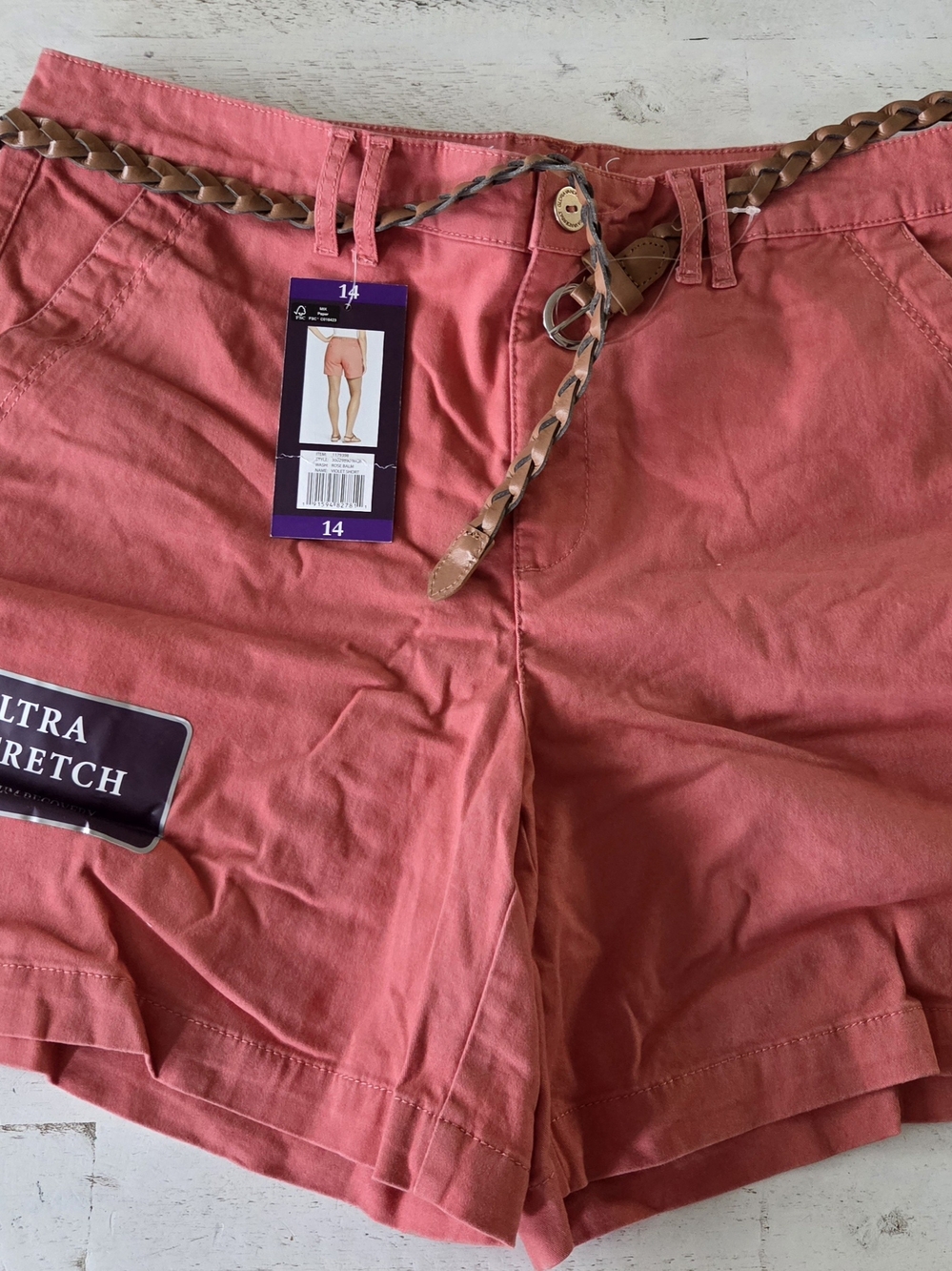 NWT Gloria Vanderbilt Violet Belted Ultra Stretch Shorts Coral Pink 14